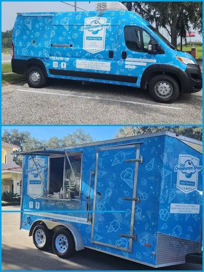 The Ice Dreammm catering van and ice cream trailer, both wrapped in blue ice cream graphics