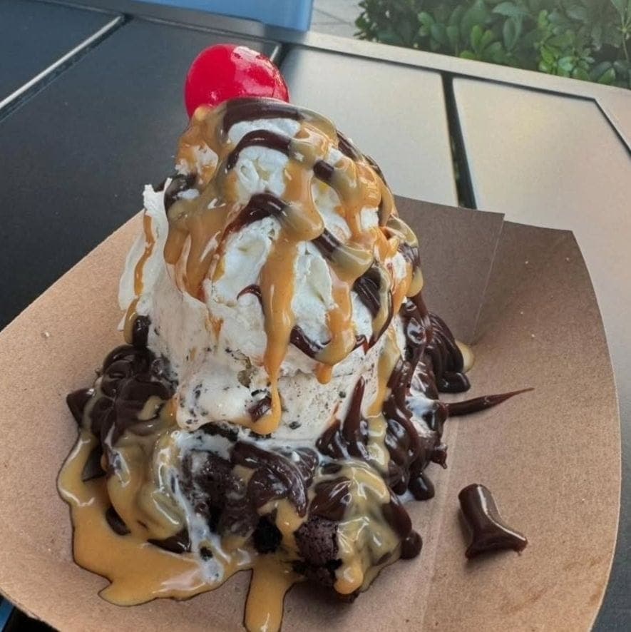 Brownie sundae with ice cream, whipped cream, and a cherry